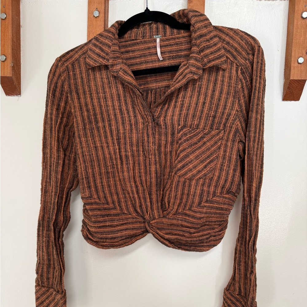 Free People Brown Rust and Black Striped Twist-Front Button Down Lust for Life